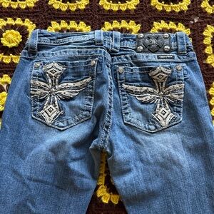 Y2K Miss Me Cross Embellished Low Rise Denim Bootcut Jeans